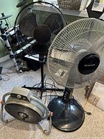 Photo showing three fans: a black Honeywell pedestal fan, a round black box fan, and a silver Holmes floor fan on carpeted floor.