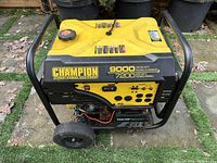 Front view of Champion generator showing control panel, fuel tank and labels