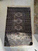 Full view of antique decorative rug on light carpeted floor, showing entire pattern and fringed edges.