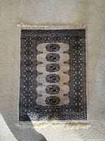 Top-down photo of the small antique rug laid flat on carpet, showing the full design and fringes.