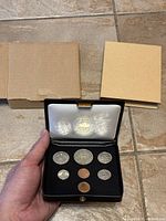 Set of 1971 Royal Canadian Mint coins arranged in a black case with white satin lining, held in hand showing size and condition.