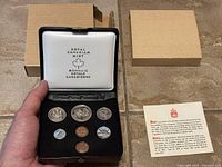 Seven Canadian coins displayed in black velvet-lined case with Royal Canadian Mint logo inside lid, held open by hand, with outer beige cardboard box in background.