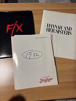 Photo of three press kits/folders marked F/X, Hannah and Her Sisters, and Yes Giorgio dated 1982