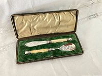 Set inside original hinged presentation case with cream satin lid lining and green velvet base, holding spoon and cutter securely.