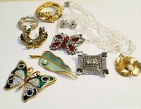 Overview of all 9 pieces showing the full set: brooches, bracelet, necklace and earrings with visible details and condition