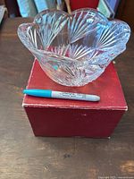 Polish lead crystal bowl sitting on its original red box next to a blue Sharpie for size reference
