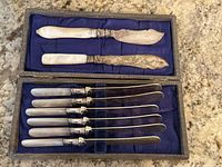 Overview of 8 butter knives with mother of pearl handles and 2 decorative spreader knives in blue velvet-lined case