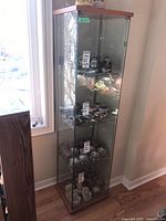 Front view of tall glass display cabinet with wooden top and bottom, contents inside, located near window.