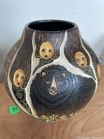 Front view showing central bear motif and mask-like faces