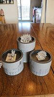 Three Swarovski Silver Crystal animal figurines (two porcupines and one fox) on original round grey Silver Crystal branded packages arranged on a wooden table.