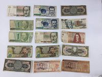 Full lot display of 15 vintage banknotes from Colombia, Mexico, and Brazil showing front designs with various colors, portraits and denominations.