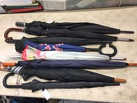 Top view of 8 assorted umbrellas showcasing various handle types and colors, arranged side by side on a surface.