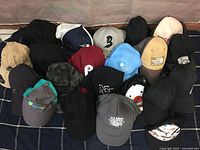 Overview of 18 assorted trucker hats and baseball caps laid out on a plaid blanket in various colors and brands.