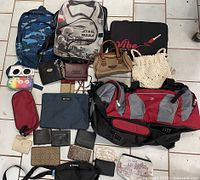 Full view of assorted bags, backpacks, purses, wallets on floor.