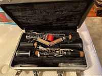 Bundy clarinet disassembled and organized inside black hard case with plush lining.