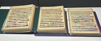 Three open binders showing many rows of assorted stamps mounted on beige pages with protective sleeves.