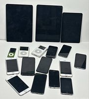 Full view of all devices including iPads, iPhones and iPods arranged on flat surface.