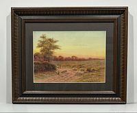Framed watercolour painting showing rural sheep scene and figures under a large tree at sunset.