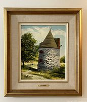 Framed original oil on canvas painting showing entire artwork and framing with artist nameplate visible