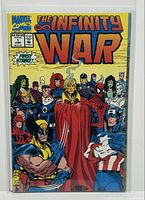 Front view of Marvel The Infinity War #1 comic book with colorful superhero characters and title prominently displayed, showing the comic in protective bag and board.