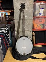 Front view of Fender banjo leaning against cinder block wall showing full instrument in case.