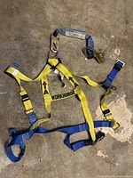 Photo showing Workhorse harness with yellow and blue straps and metal buckles and hooks