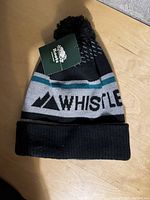 Front view of the black, grey, and teal Roots Whistler toque with pom pom and 'WHISTLER' text, tag attached.