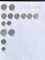 Full layout of 14 Danish coins from 1955 to 1987 on white paper with year labels