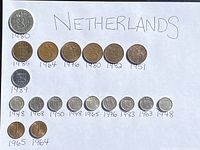 Full layout of 19 Netherlands coins on white background with years and 'NETHERLANDS' written in pen.