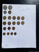 Photo showing 21 German coins laid out on a white sheet labeled with years and the word Germany.