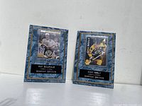 Two Boston Bruins hockey player cards in blue and gold marbled plaques, showing front view of both Ray Bourque and Cam Neely cards.