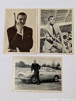 Three vintage black and white James Bond trading cards laid out, showing the full trio.