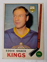 Front view of 1969-70 OPC Eddie Shack hockey card showing player image and team logo