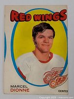 Front view of the 1971-72 OPC Marcel Dionne rookie card, showing player portrait in Detroit Red Wings uniform with team logo and name.