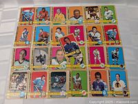 Photo of 25 1972-73 O-Pee-Chee hockey cards laid out showing front designs of players from multiple teams.