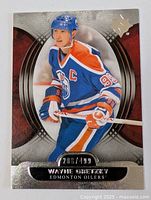 Full card front showing Wayne Gretzky in Edmonton Oilers uniform with silver foil design, limited edition number 208/499.