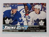 Close-up image of the 2016 Upper Deck Young Guns Checklist hockey card showing Auston Matthews in blue Toronto Maple Leafs jersey next to William Nylander in white jersey, with holographic text.