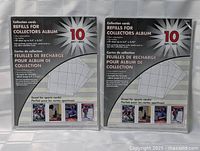Two unopened packs of sport card refill pages. Each pack contains 10 clear polypropylene, top-loading pages sized to fit cards up to 3.5 x 2.75 inches.