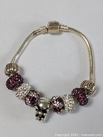 Full view of the sterling silver snake chain bracelet with purple and clear crystal encrusted charms and a polished animal head charm in the center.