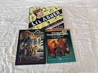 Three fantasy books arranged on soft fabric surface including L. I. Labner comic-style book, Shadowrun RPG rulebook, and Advanced Dungeons & Dragons manual.