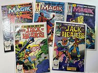 Five vintage comic books from 1980s Marvel series Magik and The Jack of Hearts. Shown together displaying full cover art.