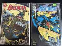 Photo of two vintage Batman comic books in plastic sleeves: left comic depicts Batman fighting a villain on a rooftop, right comic depicts Batman and Robin on a rooftop at night.