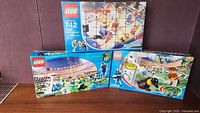 Overview of the three LEGO sports sets 3432, 3409, and 3420 in their boxes showing basketball and soccer themes.