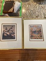 Two framed and matted Tom Thomson prints side by side on a granite countertop alongside some old books.