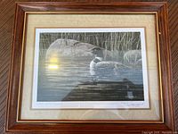 Framed artwork showing loon and chick on water with reeds and rocks, signed by Don Li-Leger.