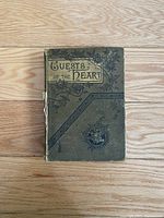 Closed view of the antique book showing the decorated green cover and title 'Guests of the Heart'.