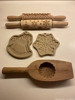 All items overview: two rolling pins, two ceramic moulds, one wooden mould