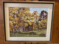 Framed fall landscape oil painting, full view
