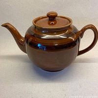 Full view of Sadler Brown Betty teapot showing spout, lid, handle