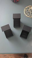 Top-down photo of the three black ring boxes open to show interior black cushions